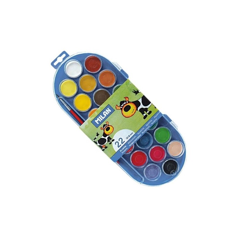 Material Bellas Artes - Pintura - Caja paleta con 22 acuarelas 30mm. y pincel Milan -escolar- | totenart.com