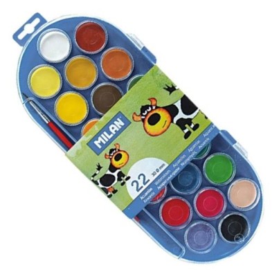 Material Bellas Artes - Pintura - Caja paleta con 22 acuarelas 30mm. y pincel Milan -escolar- | totenart.com
