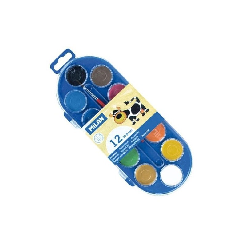 Material Bellas Artes - Pintura - Estuche con 12 acuarelas 30mm. y pincel Milan -escolar- | totenart.com
