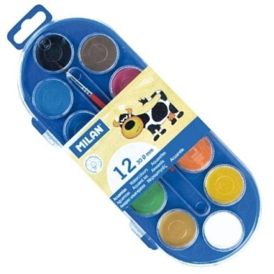Material Bellas Artes - Pintura - Estuche con 12 acuarelas 30mm. y pincel Milan -escolar- | totenart.com