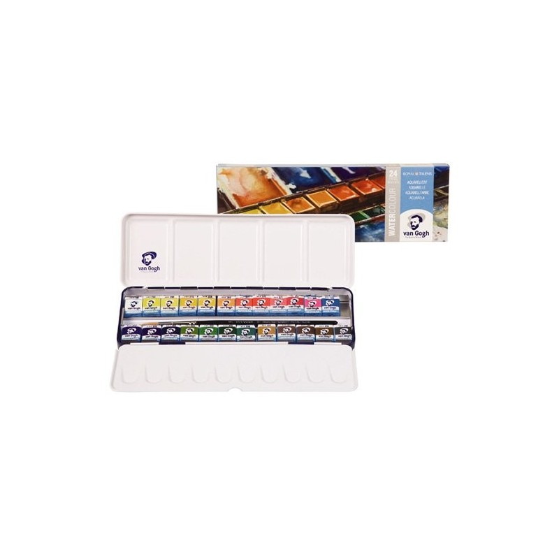 Material Bellas Artes - Pintura - Caja metálica con 24 pastillas acuarelas Van Gogh y pincel | totenart.com
