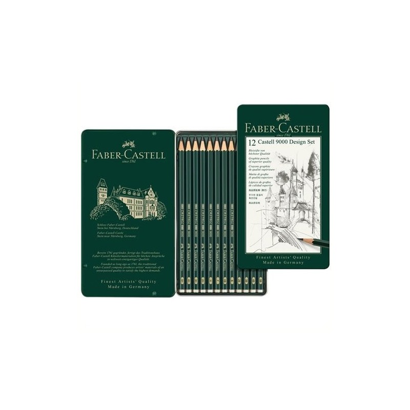 Material Bellas Artes – pintura-y-dibujo - Estuche metálico de 12 lápices de grafito Faber Castell 9000 Design Set | totenart.co
