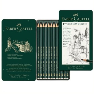 Material Bellas Artes – pintura-y-dibujo - Estuche metálico de 12 lápices de grafito Faber Castell 9000 Design Set | totenart.co