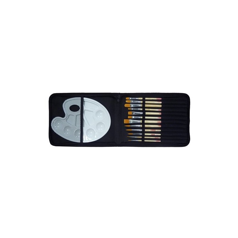 Material Bellas Artes – pintura-y-dibujo - Estuche Organizador de 12 Pinceles Cortos + paleta plástico ArtCreation | totenart.co