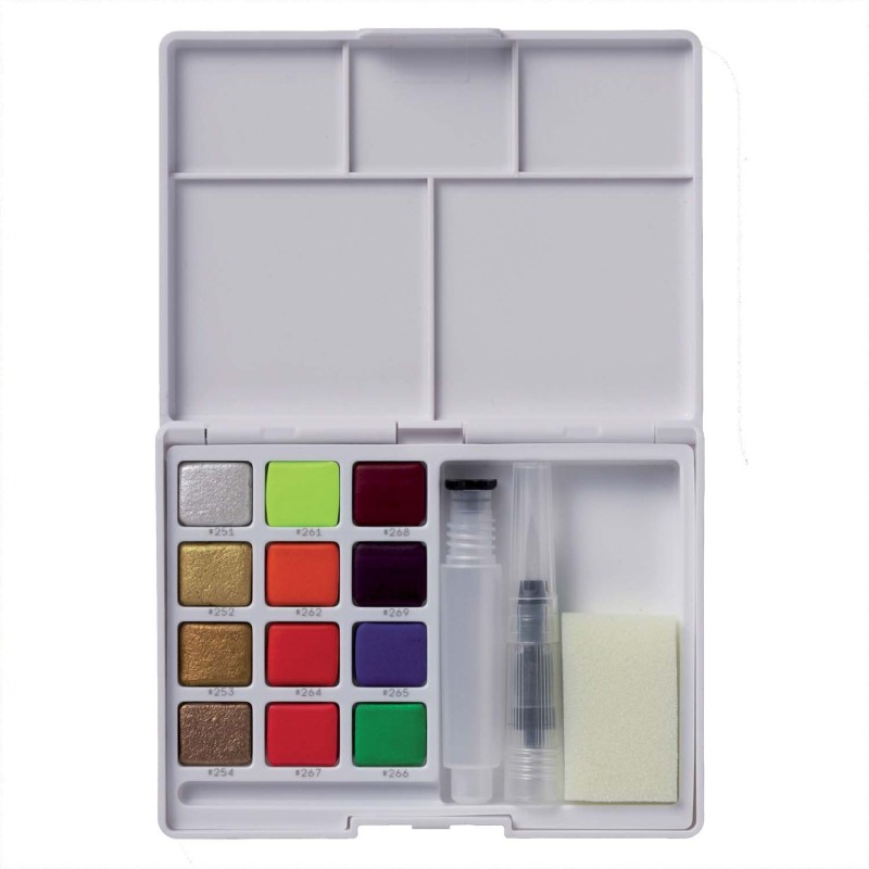 Material Bellas Artes - Pintura - Caja acuarelas Sakura Pocket Box, 12 pastillas (metálicas y fluorescentes)  | totenart.com
