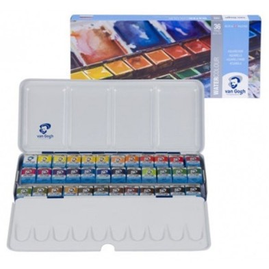 Material Bellas Artes - Pintura - Caja metálica con 24 pastillas acuarelas Van Gogh y pincel | totenart.com