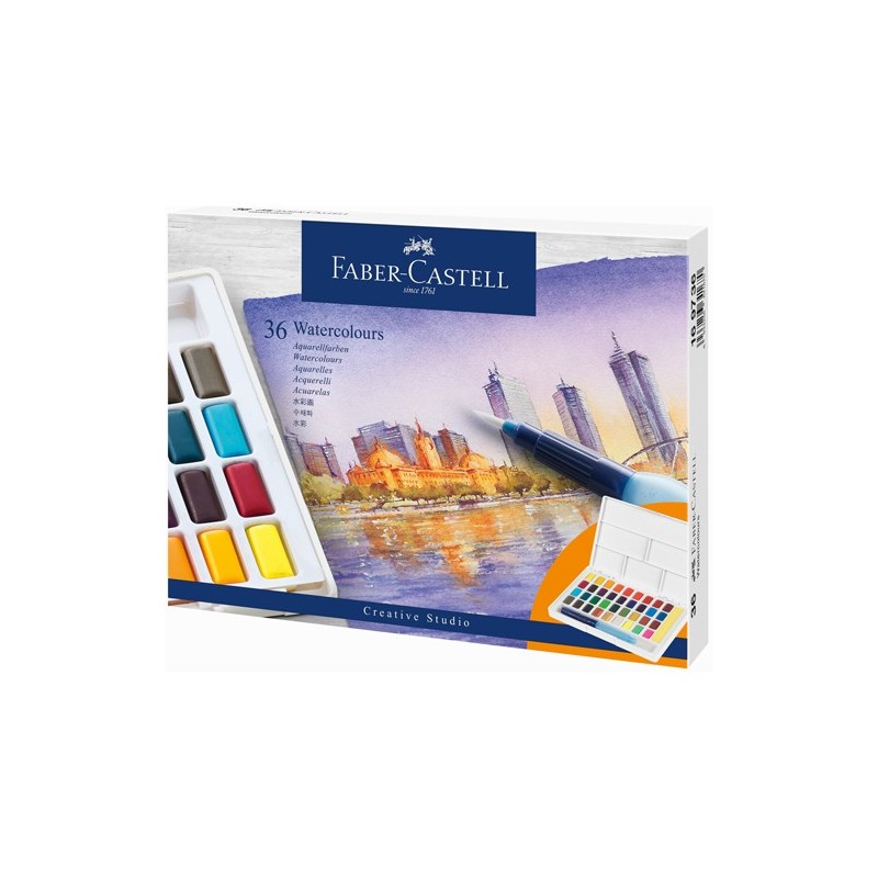 Material Bellas Artes – pintura-y-dibujo - Estuche acuarelas Faber-Castell, 36 pastillas y pincel rellenable | totenart.com