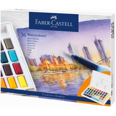 Material Bellas Artes – pintura-y-dibujo - Estuche acuarelas Faber-Castell, 36 pastillas y pincel rellenable | totenart.com
