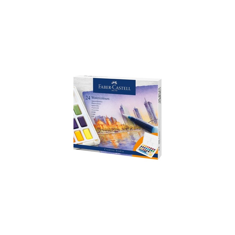 Material Bellas Artes – pintura-y-dibujo - Estuche acuarelas Faber-Castell, 24 pastillas y pincel rellenable | totenart.com