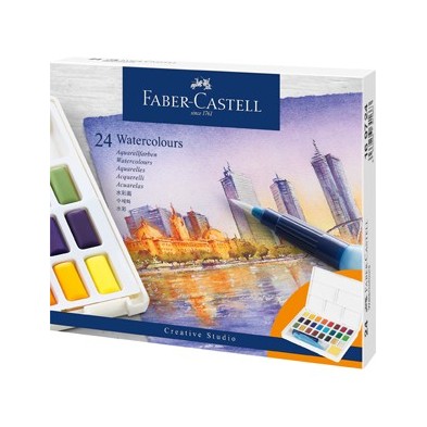 Material Bellas Artes – pintura-y-dibujo - Estuche acuarelas Faber-Castell, 24 pastillas y pincel rellenable | totenart.com