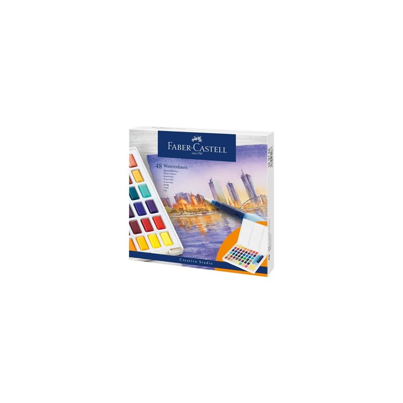 Material Bellas Artes – pintura-y-dibujo - Estuche acuarelas Faber-Castell, 48 pastillas y pincel rellenable | totenart.com