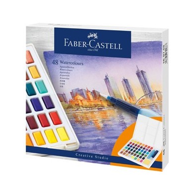 Material Bellas Artes – pintura-y-dibujo - Estuche acuarelas Faber-Castell, 48 pastillas y pincel rellenable | totenart.com