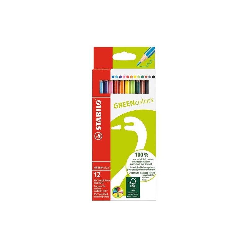 Material Bellas Artes – pintura-y-dibujo - STABILO GreenColors Caja cartón 12 lápices colores surtidos | totenart.com