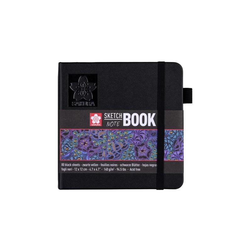 Material Bellas Artes - dibujo - Bloc Sakura hojas negras, 12x12, banda elastica, 80 h, 140 gr. | totenart.com