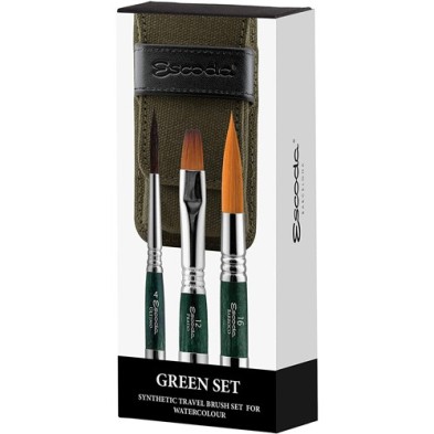 Material Bellas Artes - Pintura - Set 3 pinceles para acuarela de viaje Escoda con estuche verde | totenart.com