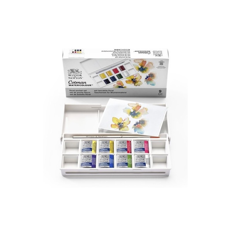 Material Bellas Artes - Pintura - Caja acuarelas de bolsillo Winsor and Newton Cotman, 8 1/2 godets (capacidad 12) y pincel, Flo