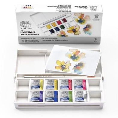 Material Bellas Artes - Pintura - Caja acuarelas de bolsillo Winsor and Newton Cotman, 8 1/2 godets (capacidad 12) y pincel, Flo