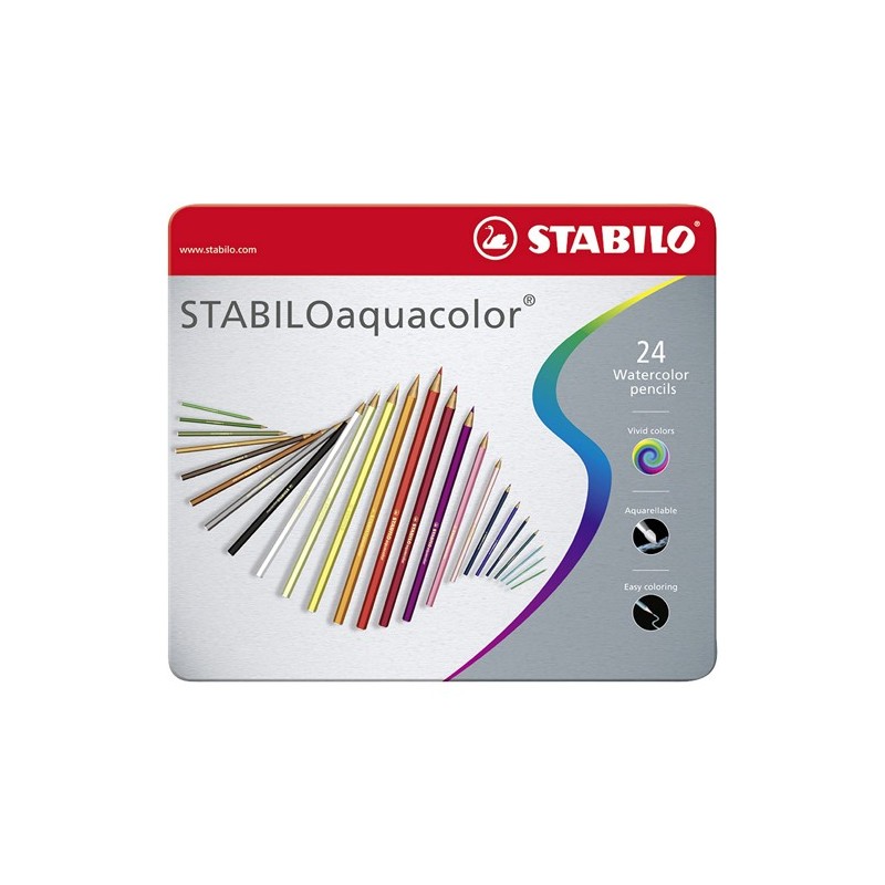 Material Bellas Artes – pintura-y-dibujo - STABILO Aquacolor Caja metal 24 lápices colores acuarelables surtidos | totenart.com