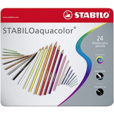Material Bellas Artes – pintura-y-dibujo - STABILO Aquacolor Caja metal 24 lápices colores acuarelables surtidos | totenart.com