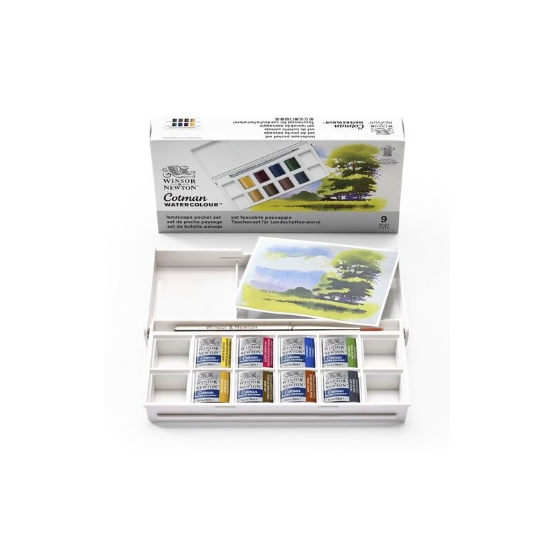 Material Bellas Artes - Pintura - Caja acuarelas de bolsillo Winsor and Newton Cotman, 8 1/2 godets (capacidad 12) y pincel, Pai