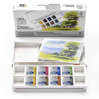 Material Bellas Artes - Pintura - Caja acuarelas de bolsillo Winsor and Newton Cotman, 8 1/2 godets (capacidad 12) y pincel, Pai