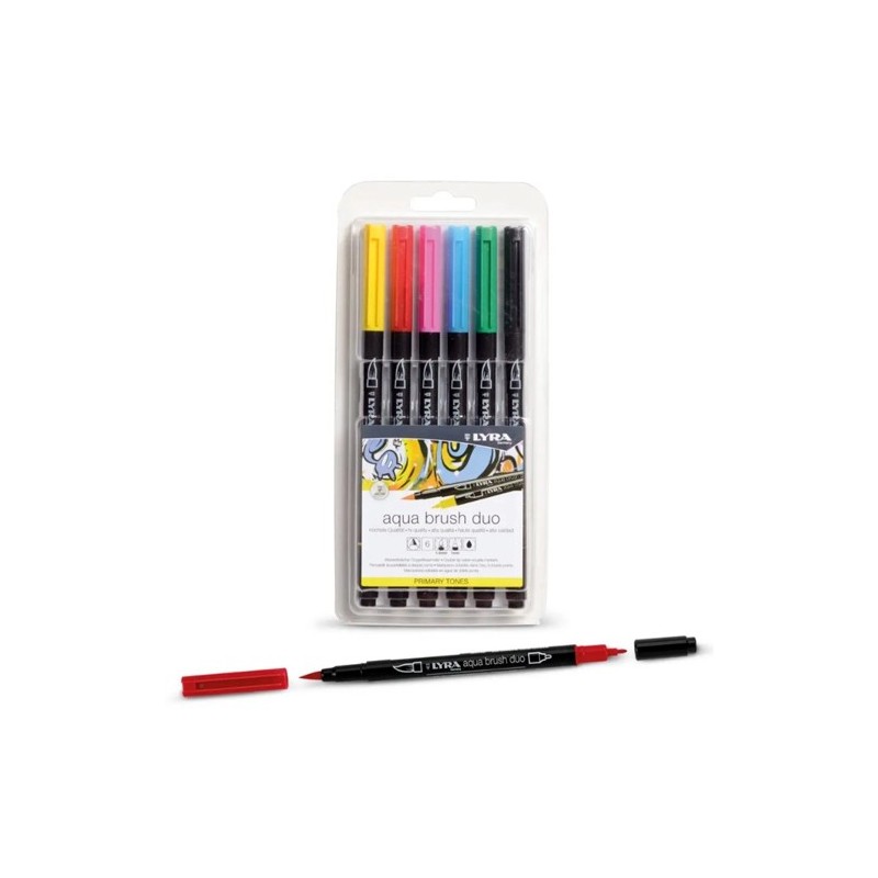 Material Bellas Artes - Pintura - Estuche 6 rotuladores Tonos Primarios, doble punta pincel. Aqua Brush Duo, Lyra | totenart.com