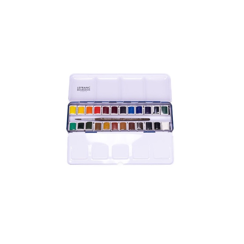 Material Bellas Artes – pintura-y-dibujo - Caja acuarelas Lefranc Bourgeois, 24 medios godets y pincel ** | totenart.com