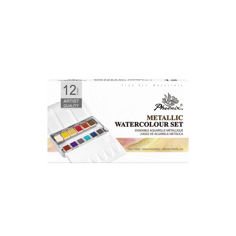 Material Bellas Artes - Pintura - Caja acuarelas de metal Phoenix, 12 1/2 godets, colores metálicos | totenart.com
