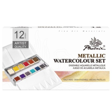 Material Bellas Artes - Pintura - Caja acuarelas de metal Phoenix, 12 1/2 godets, colores metálicos | totenart.com