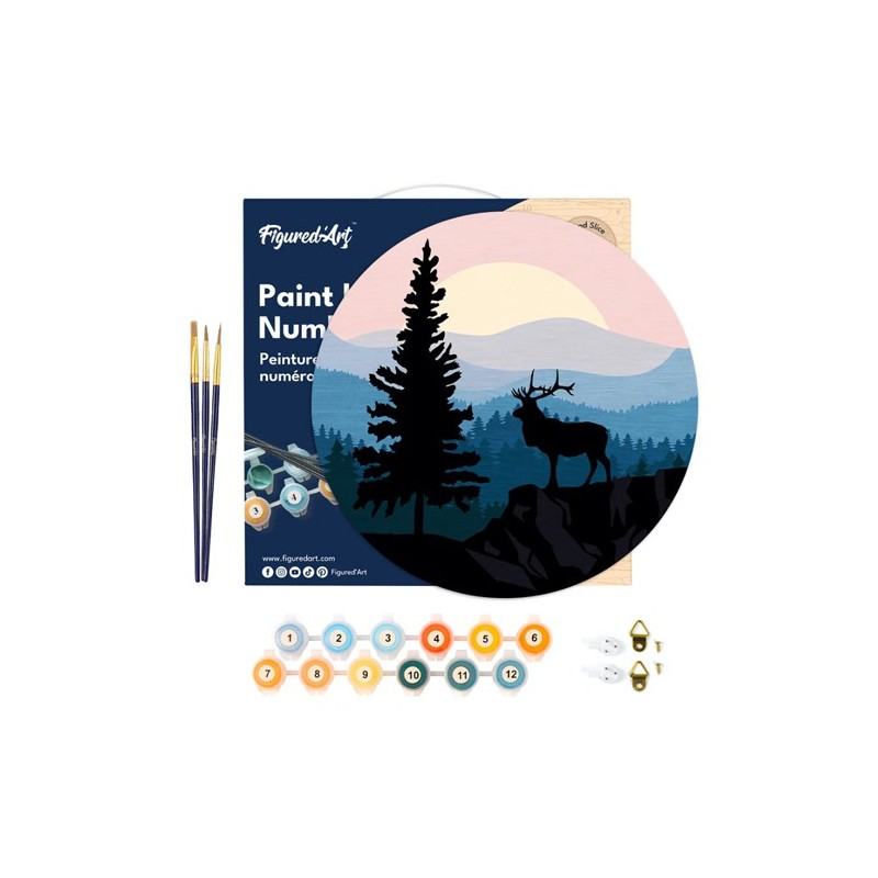 Material Bellas Artes - Pintura - Pintar por números kit en Madera Redondo \"Ciervos y paisajes majestuosos\", 30 cm de diámetro