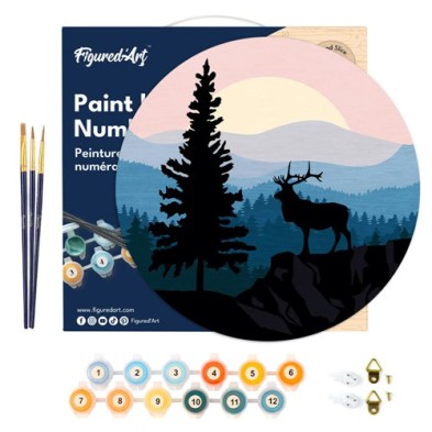 Material Bellas Artes - Pintura - Pintar por números kit en Madera Redondo \"Ciervos y paisajes majestuosos\", 30 cm de diámetro