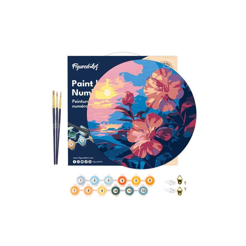Material Bellas Artes - Pintura - Pintar por números kit en Madera Redondo \"Hibisco al atardecer\", 30 cm de diámetro, Figured\
