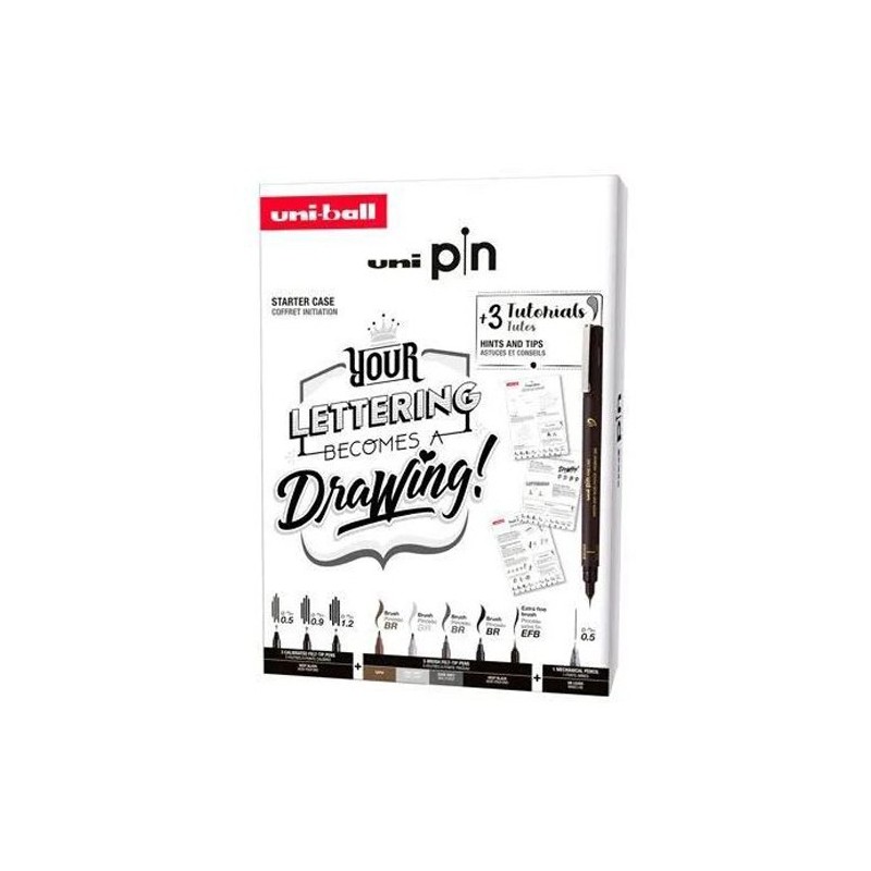 Material Bellas Artes - Pintura - Kit de iniciación al Lettering, 8 rotuladores Uni Pin + portaminas y tutoriales, Uni-Ball    |