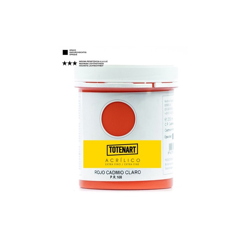 Material Bellas Artes – Pintura - Pintura acrílica Rojo Cadmio Claro 250 ml. totenart | totenart.com