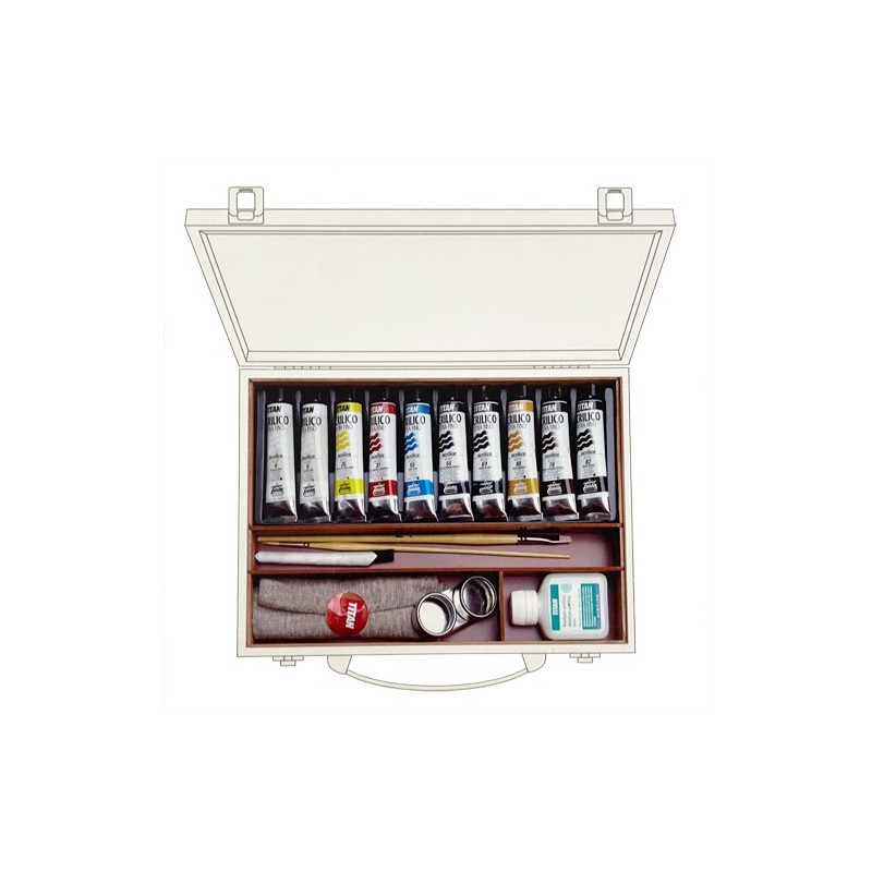 Material Bellas Artes-Pintura-Acrilico Titan Extrafino, caja madera, 10 colores 