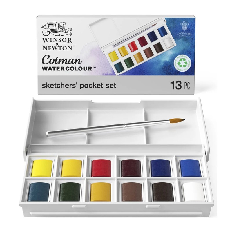 Material Bellas Artes - Pintura - Caja con 12 acuarelas Cotman 1/2 godet y pincel Winsor & Newton | totenart.com