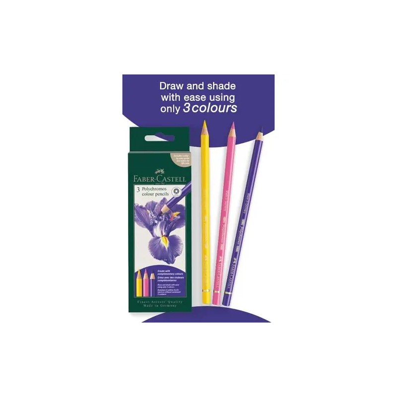Set creativo 3 lápices Polychromos Faber-Castell Iris: caja y lápices del set