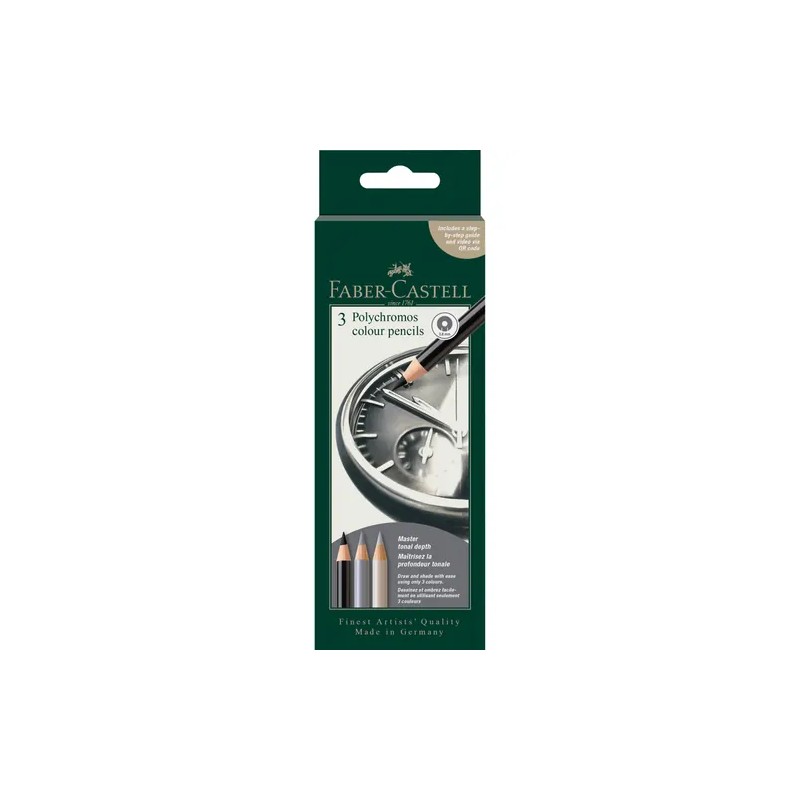 Set creativo 3 lápices Polychromos Faber-Castell Reloj: caja del set, con dibujo de un reloj