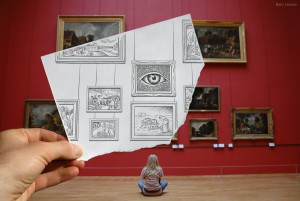 Niña en un museo, dibujo y fotografía de Bein Heike