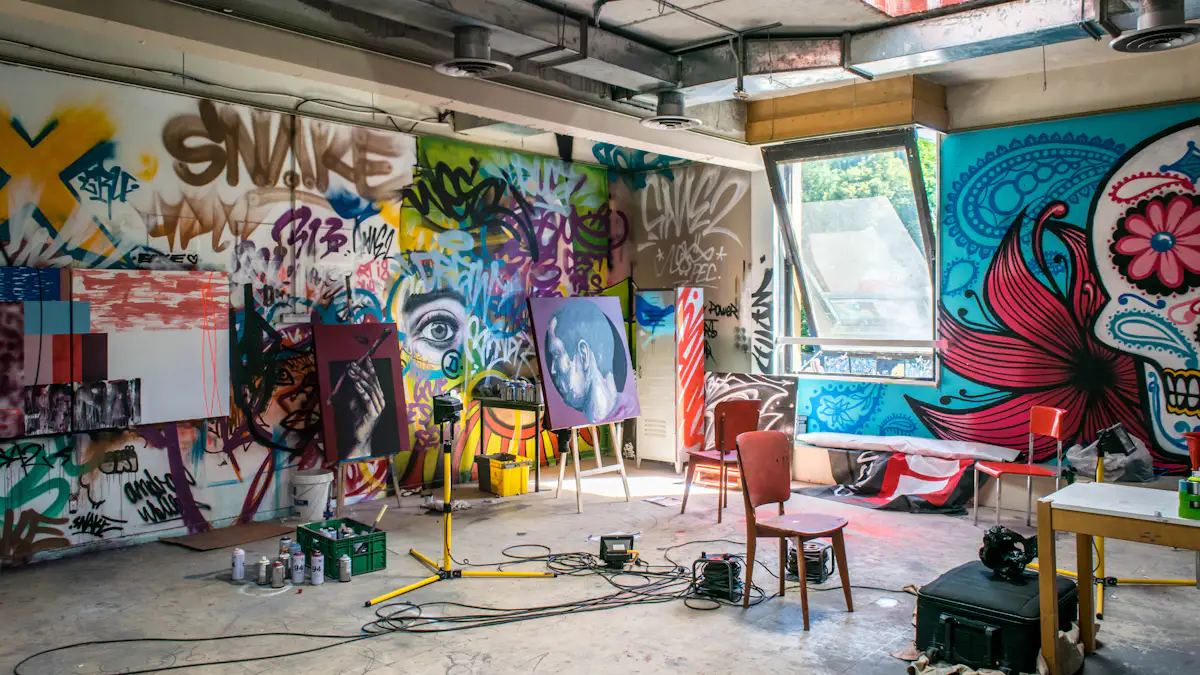 Estudio de artista con lienzos de gran formato y útiles de pintura – Totenart