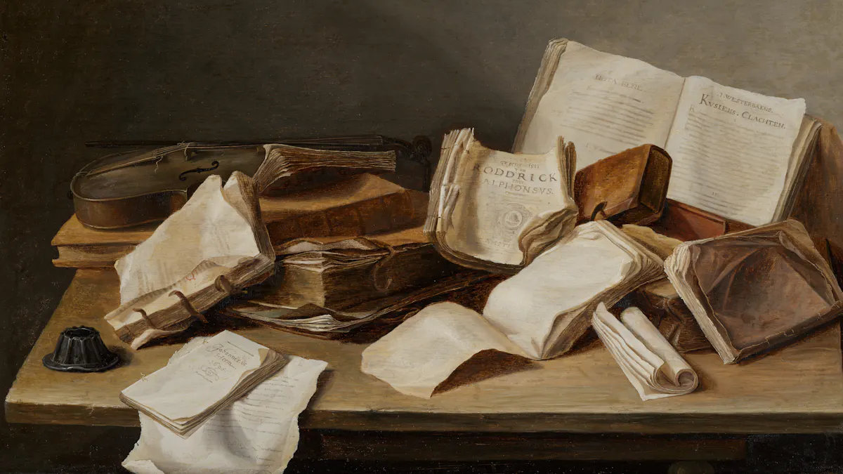 Bodegón con libros y violín, pintura de Jan Davidsz de Heem (1628) – Totenart