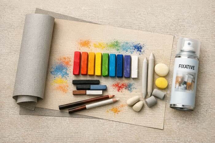 Set básico de pintura pastel para principiantes con pasteles, lápices, papel y herramientas.