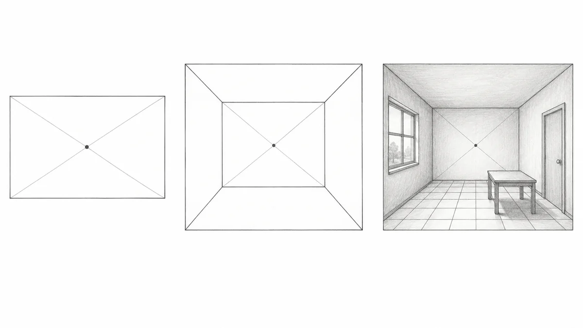 Ejercicio de perspectiva Totenart: habitación dibujada en tres pasos con un punto de fuga