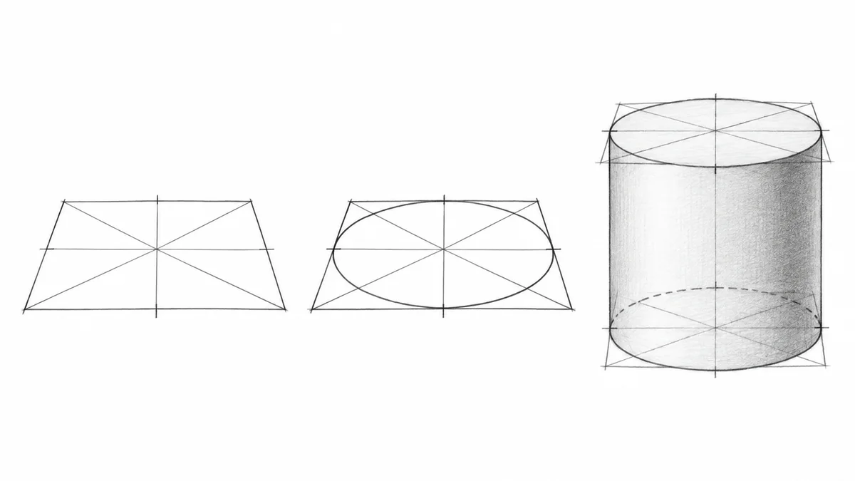 Ejercicios de perspectiva Totenart: tres pasos para dibujar una elipse y un cilindro