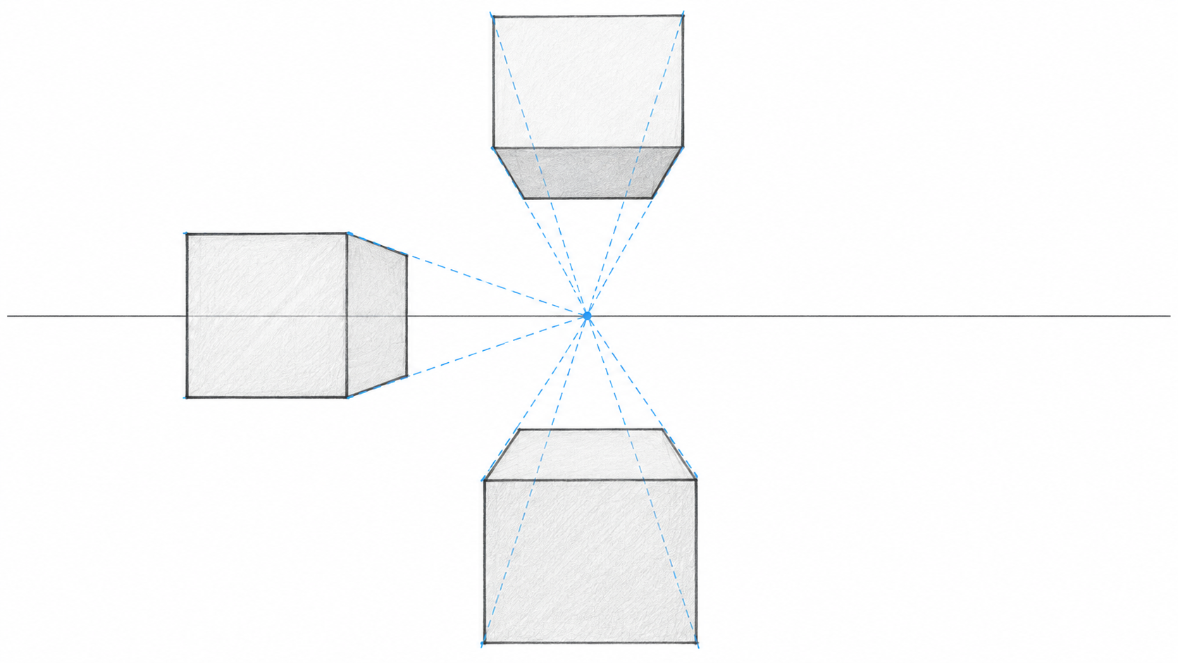 Ejercicios de perspectiva Totenart: tres cubos en perspectiva paralela con un punto de fuga