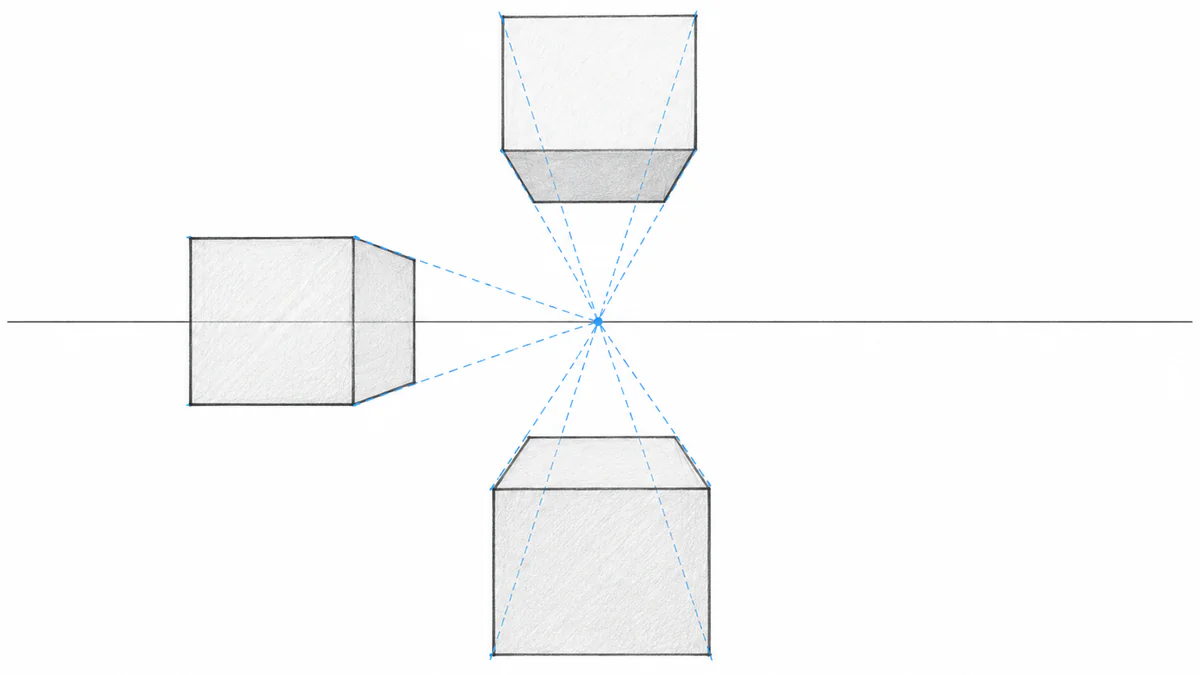 Ejercicios de perspectiva Totenart: tres cubos en perspectiva paralela con un punto de fuga