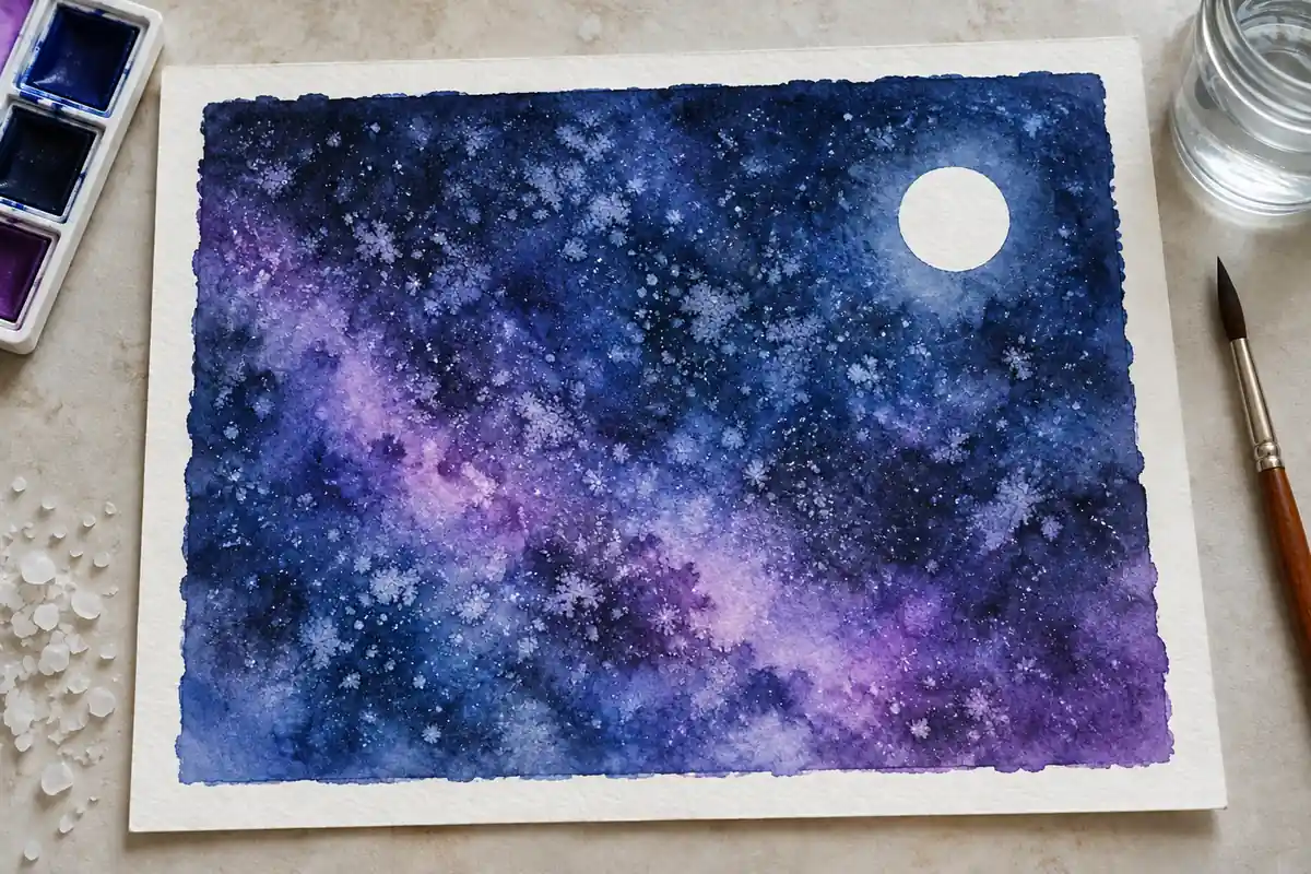 Acuarelas fáciles: 10 ideas para empezar a pintar 6 Cielo nocturno con sal pintado con acuarela, totenart