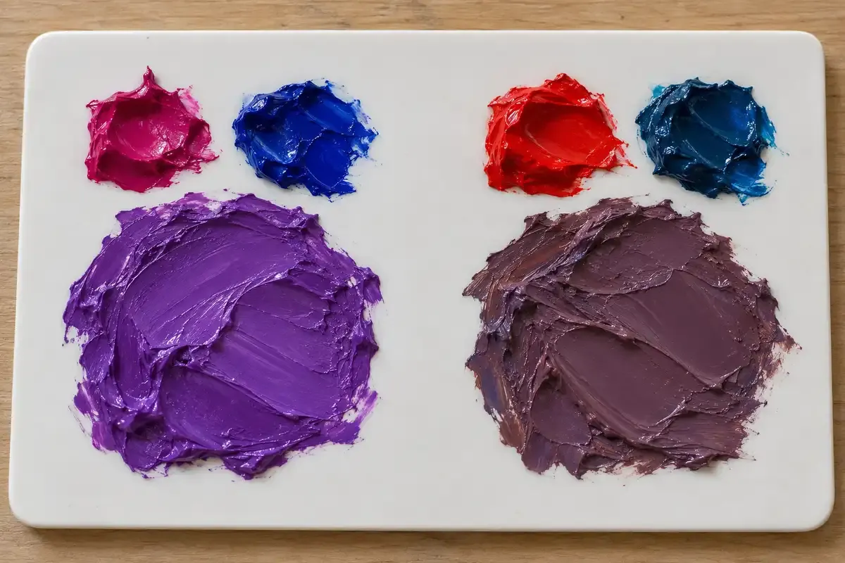 Paleta con magenta y azul ultramar que dan un morado limpio, junto a rojo y azul que dan un morado apagado – Totenart