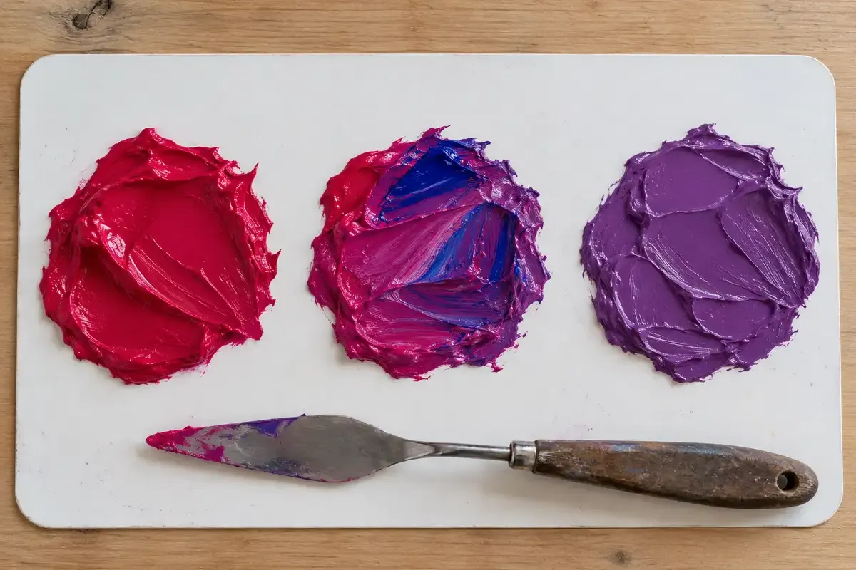 Paso a paso del morado en la paleta: rojo, azul añadido poco a poco y morado final, con espátula – Totenart