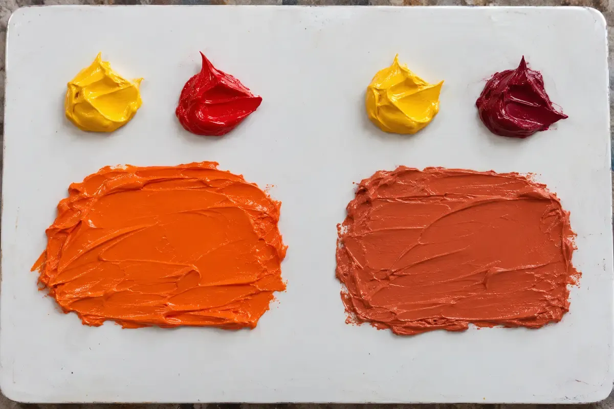 Paleta con amarillo y rojo cadmio que dan un naranja vivo, junto a amarillo y carmín que dan un naranja apagado – Totenart